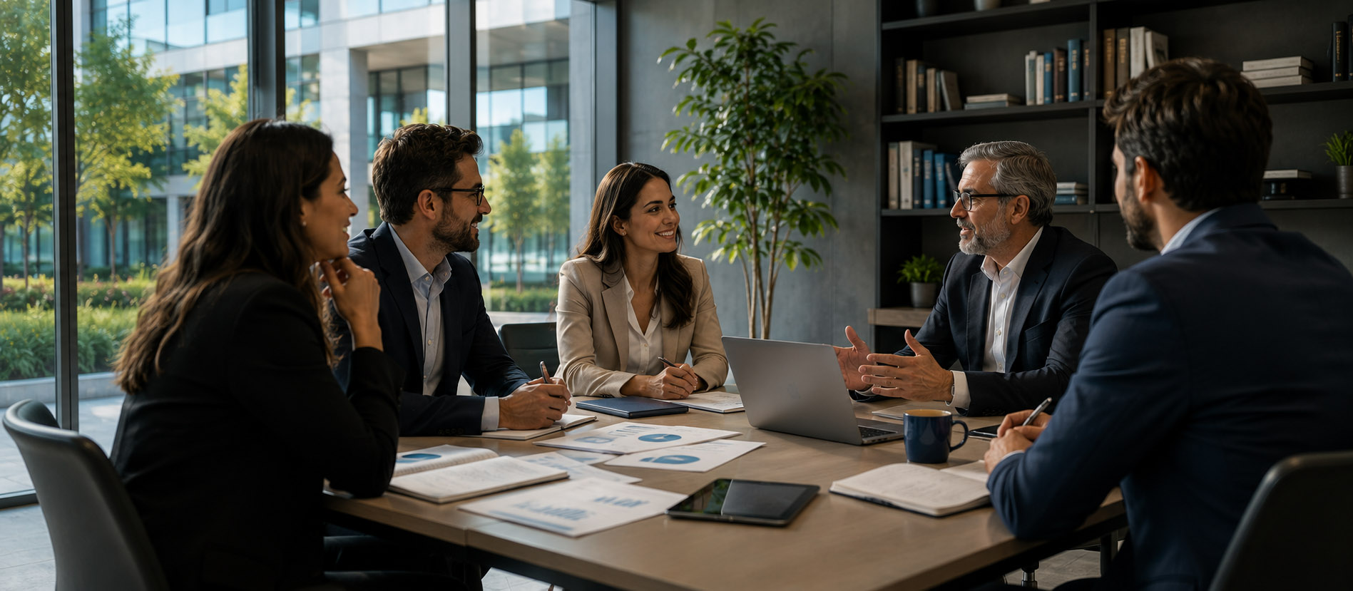 Equipe em reunião de consultoria educacional